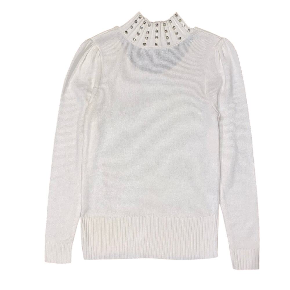 NY&Co Embellished Ivory Mock Neck Puff Sleeve Sweater Size Medium